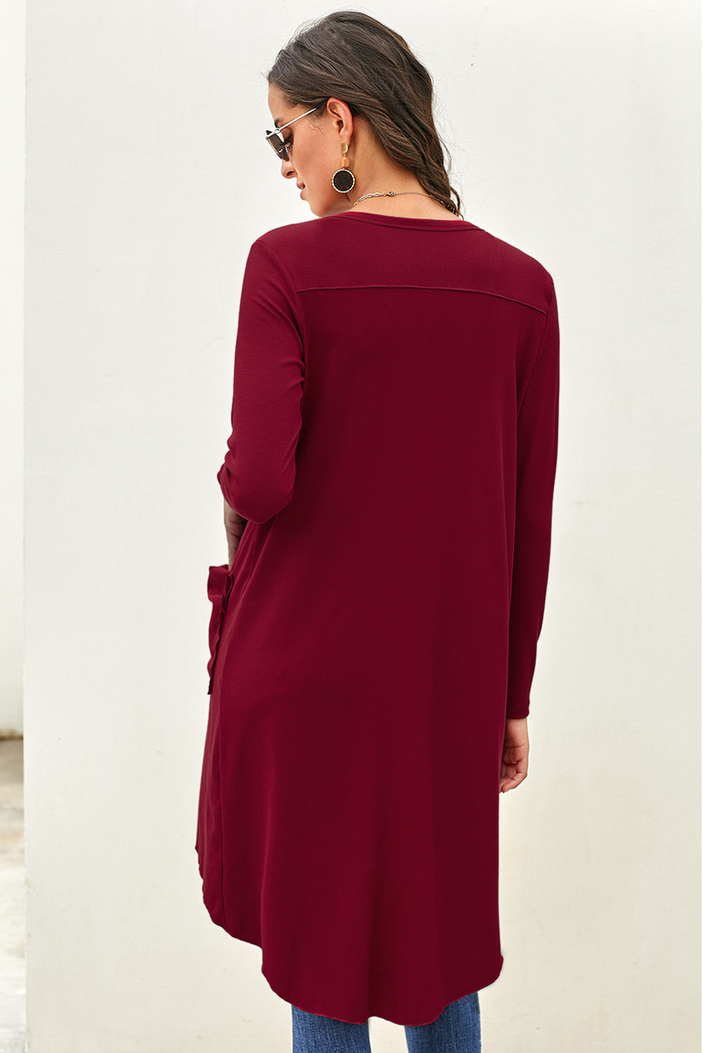 Burgundy Selected Button Down Pocketed Knit High Low Long Cardigan