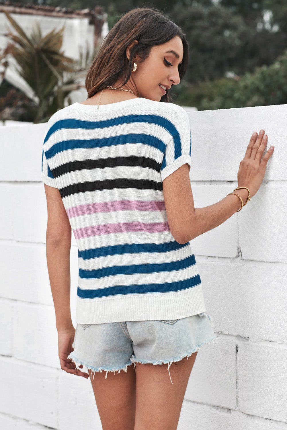 Short Sleeves Crew Neck Striped Knitted Top