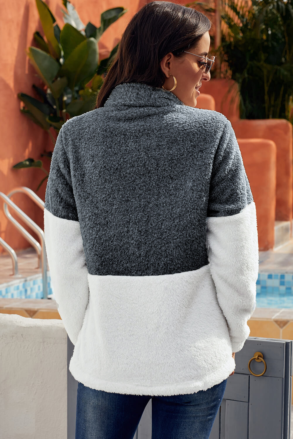 Women Charcoal White Zip Neck Oversize Fluffy Fleece Pullover