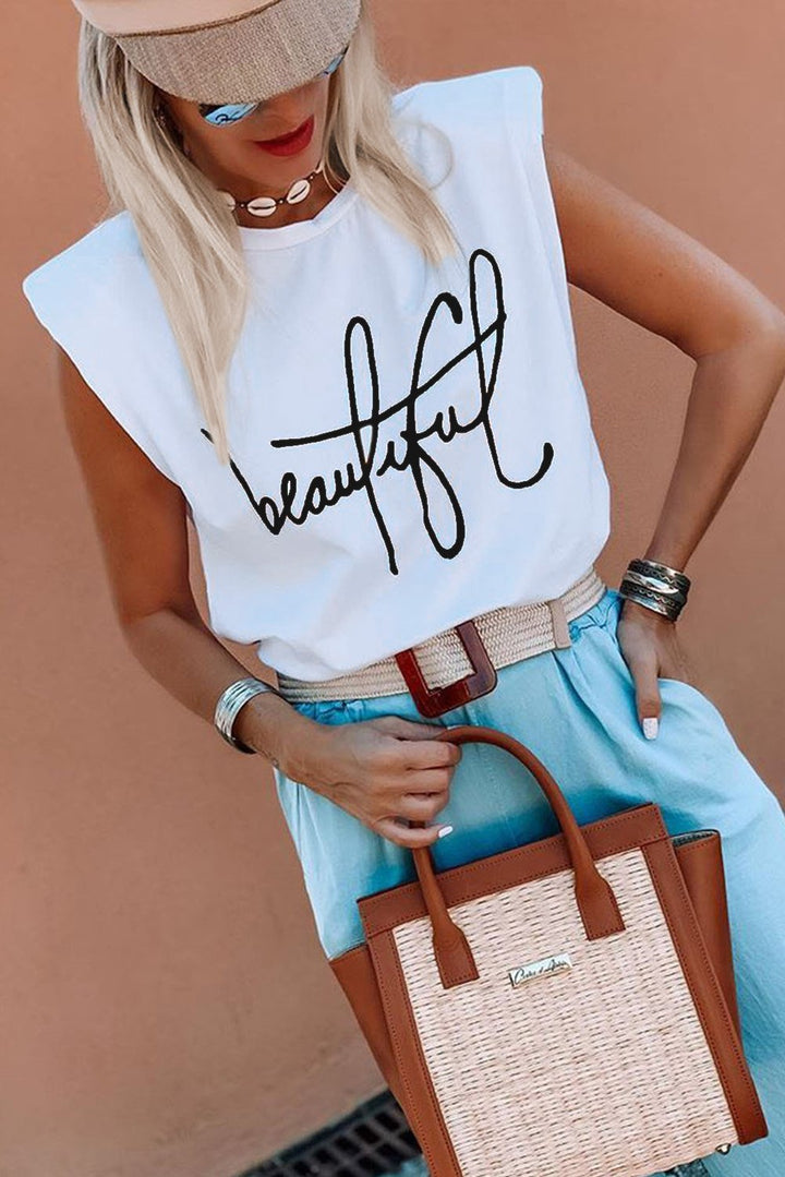 Casual White Padded Shoulder Letter Print Tank Top