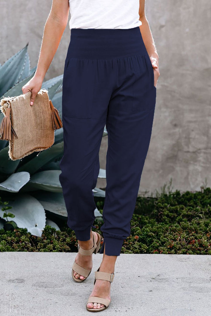 Women Blue Wide Waistband Pocketed Joggers