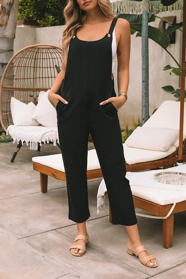 Black Button Straps Pocketed Cropped Jumpsuit