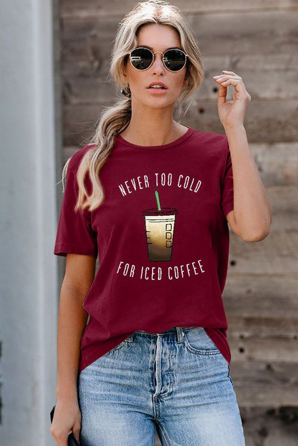 Fashion Wine Red NEVER TOO COLD FOR ICED COFFEE T-shirt