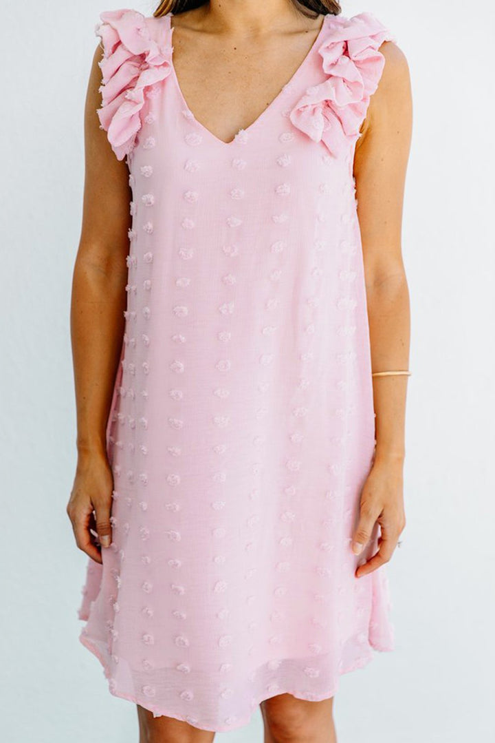 Cute Pink Swiss Dot V Neck Ruffled Sleeveless Mini Dress