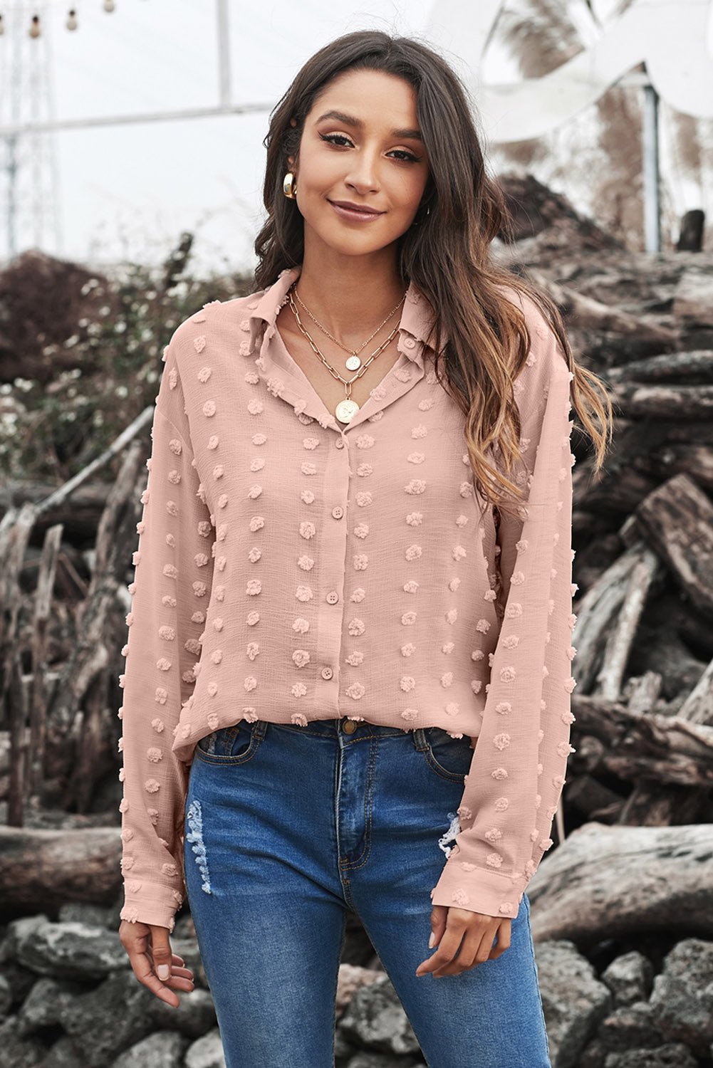 Women's Elegant Khaki Long Sleeve Button Fuzzy Polka Dot Shirt