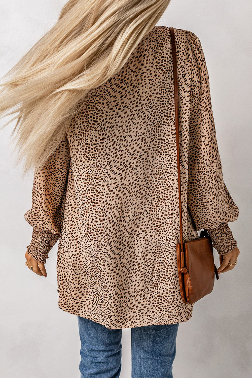 Apricot Animal Print Shirred Cuff Lantern Sleeve Cardigan