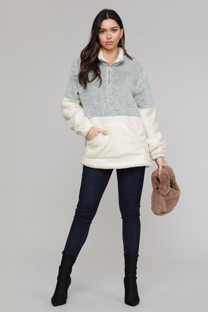 Grey White Zip Neck Oversize Fluffy Fleece Pullover