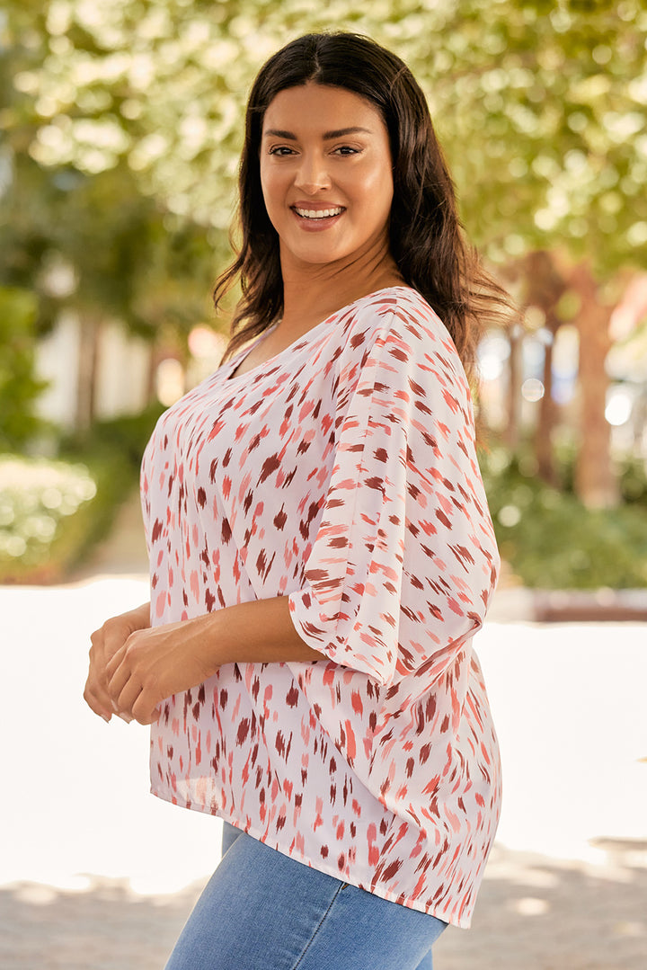 Pink Printed 3/4 Dolman Sleeve Plus Size Blouse