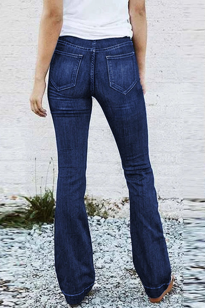 Fashion Women Blue High Rise Elastic Waist Flare Jeans