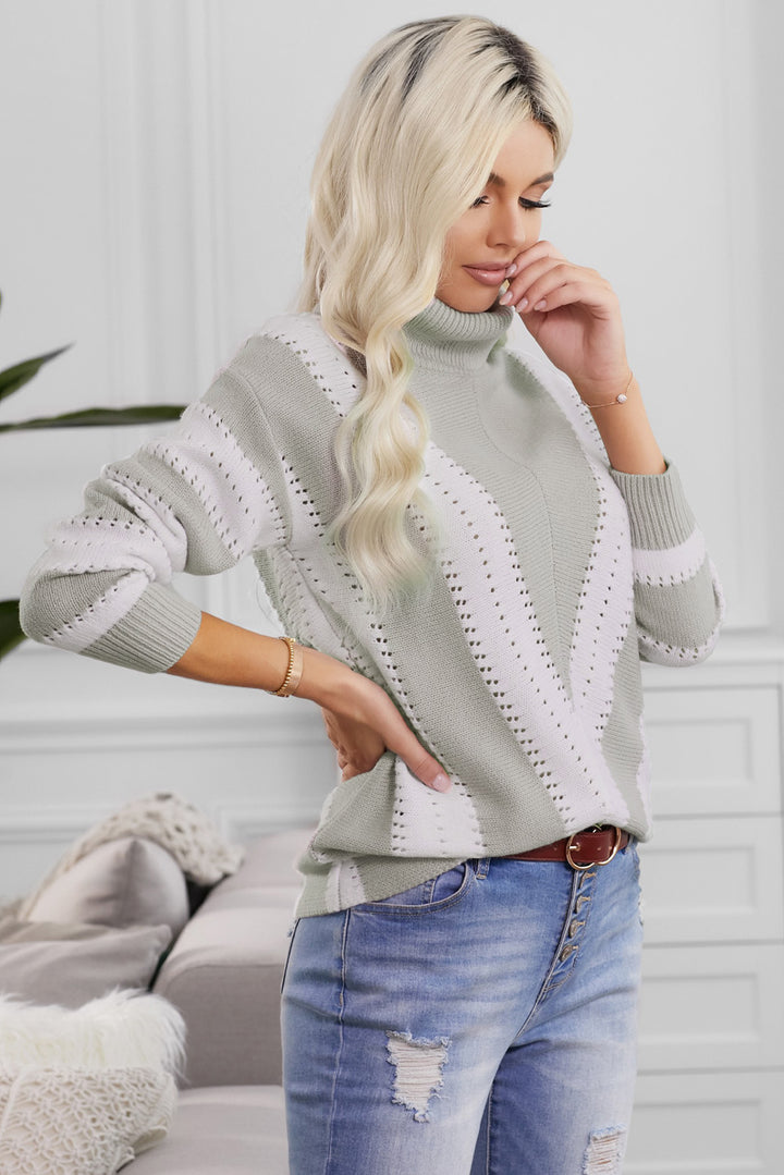 Gray White Striped Color Block Turtleneck Knitted Sweater