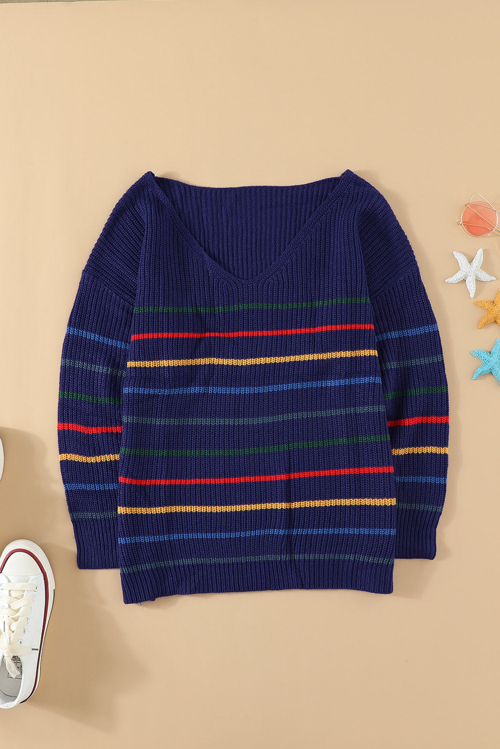 Blue Striped Loose Knit Sweater