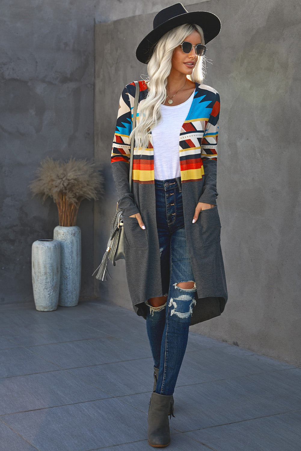 Gray Tribal Printed Open Front Pockets Long Cardigan