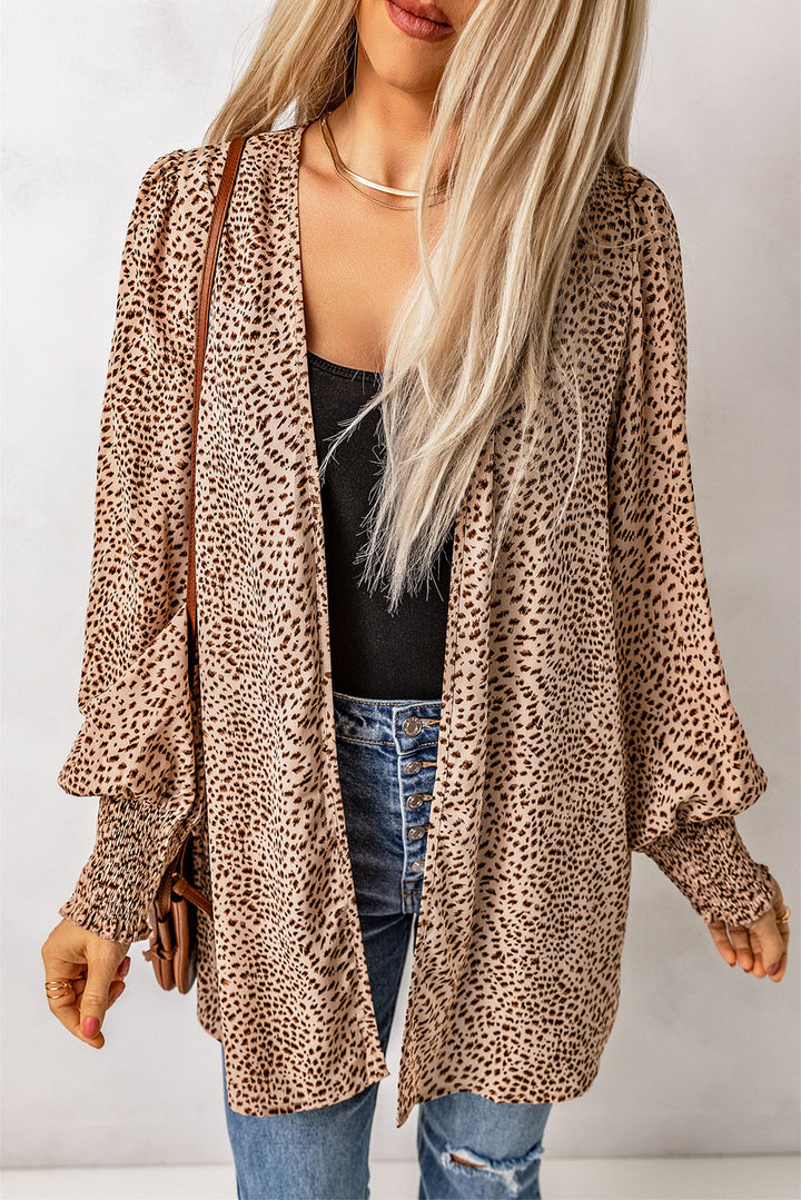 Apricot Animal Print Shirred Cuff Lantern Sleeve Cardigan