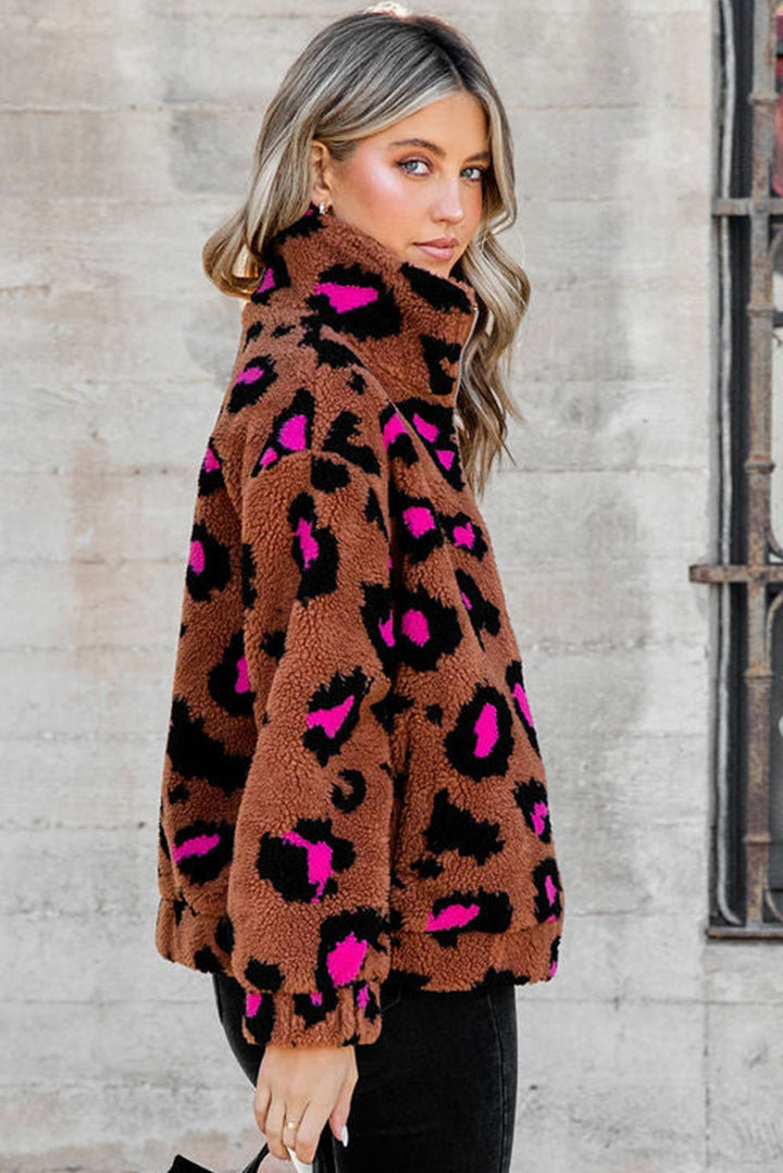 Leopard Zip Up Stand Collar Sherpa Teddy Jacket