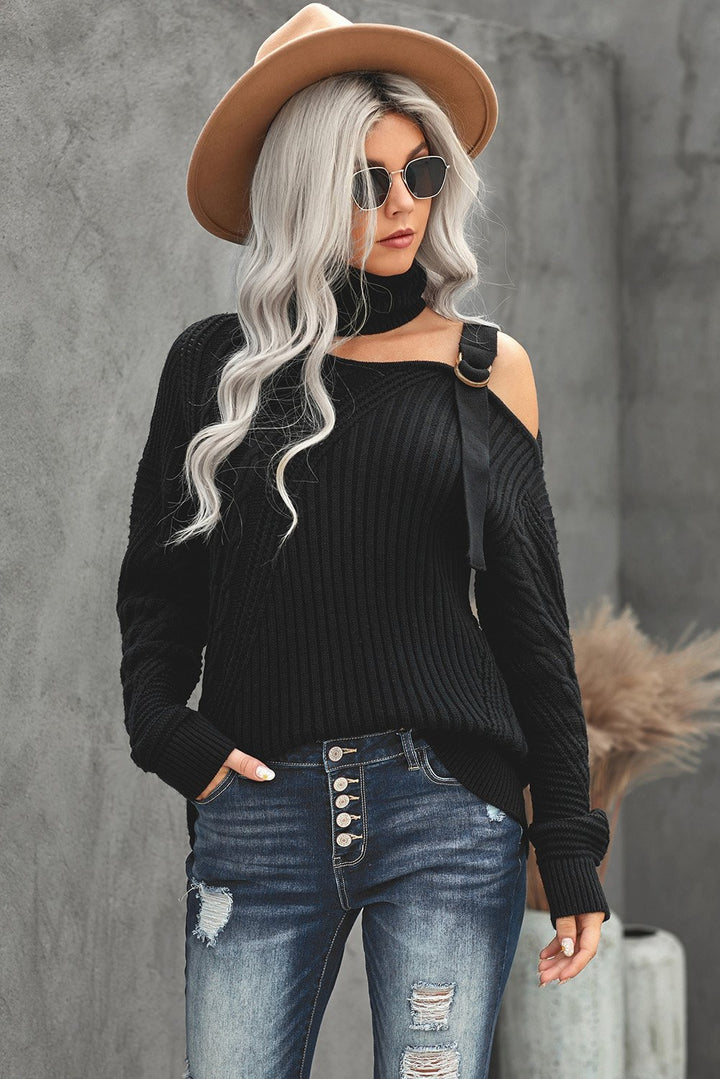Winter Black Strapped Cut out Shoulder Turtleneck Sweater