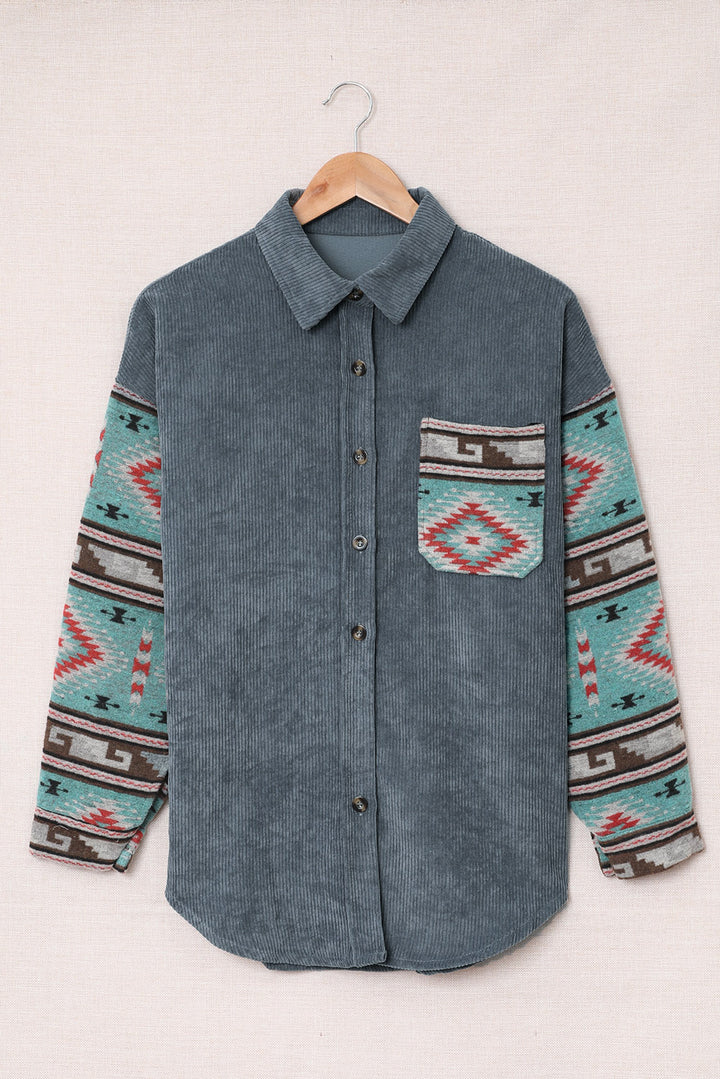 Gray  Aztec Pattern Sleeve Pocketed Corduroy Shacket