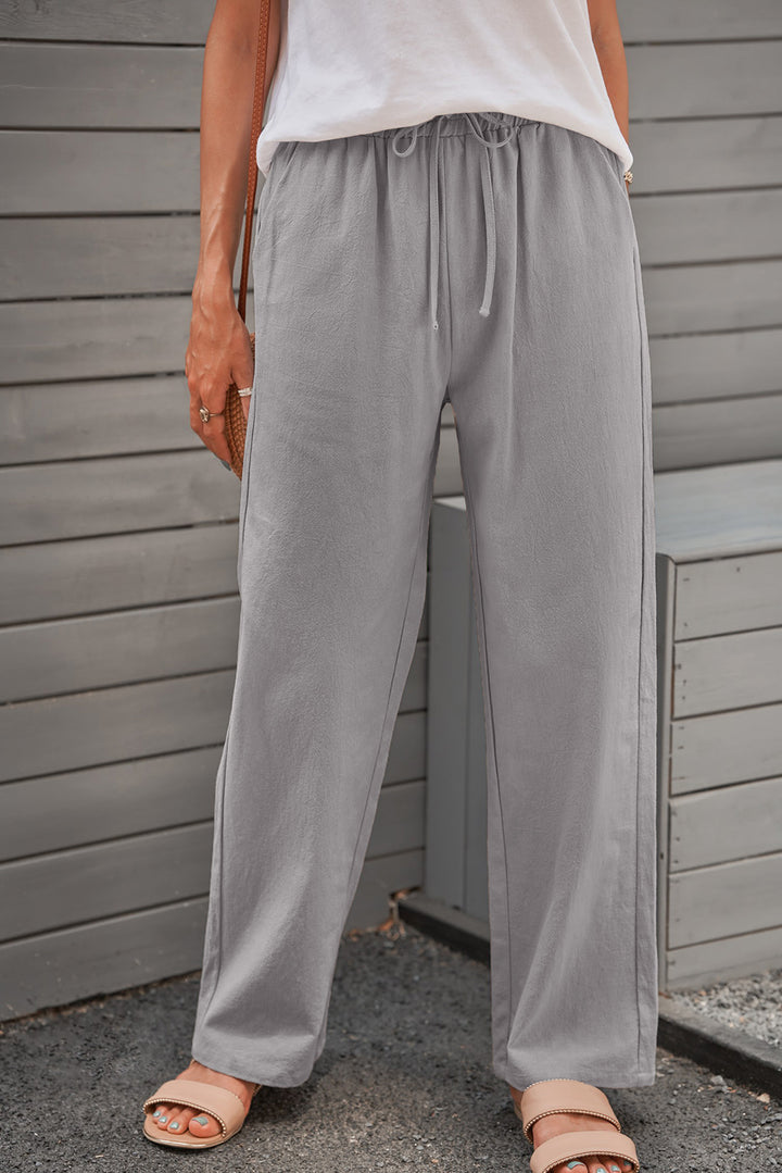 Women's Gray Drawstring Elastic Waist Pockets Long Straight Legs Pants