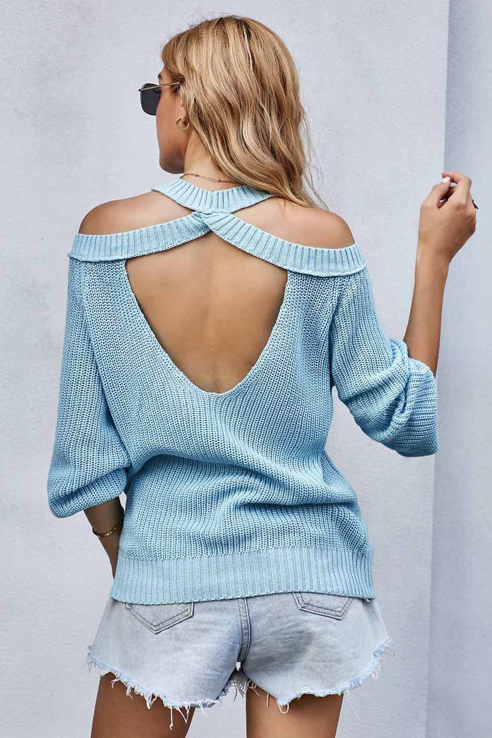 Women's Sky Blue Cool Breeze Cotton Cold Shoulder Sweater