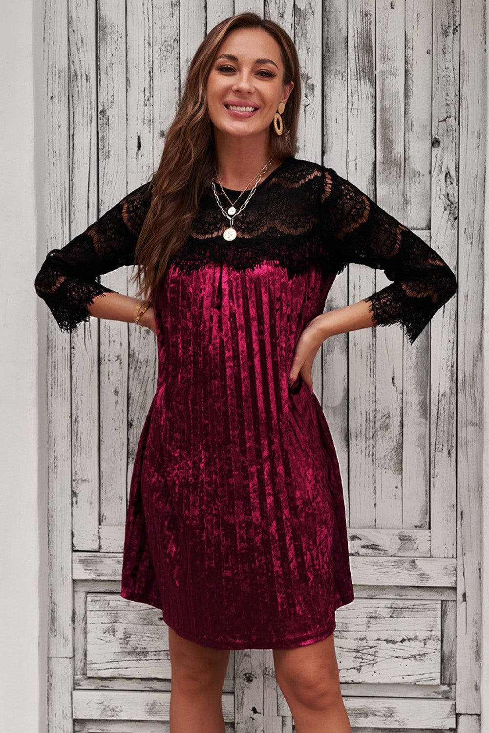 Chic Burgundy Lace Patch 3/4 Sleeve Pleated Velvet Dress