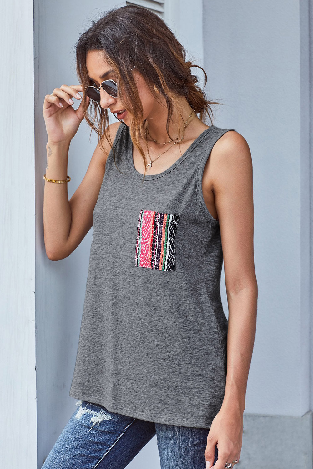 Plain Gray Casual Women Tank Top with Multicolor Pocket