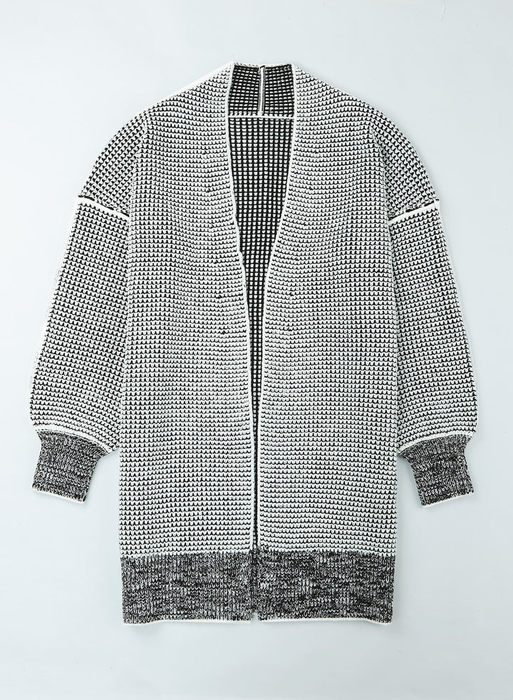 Gray Plaid Knitted Long Open Front Cardigan