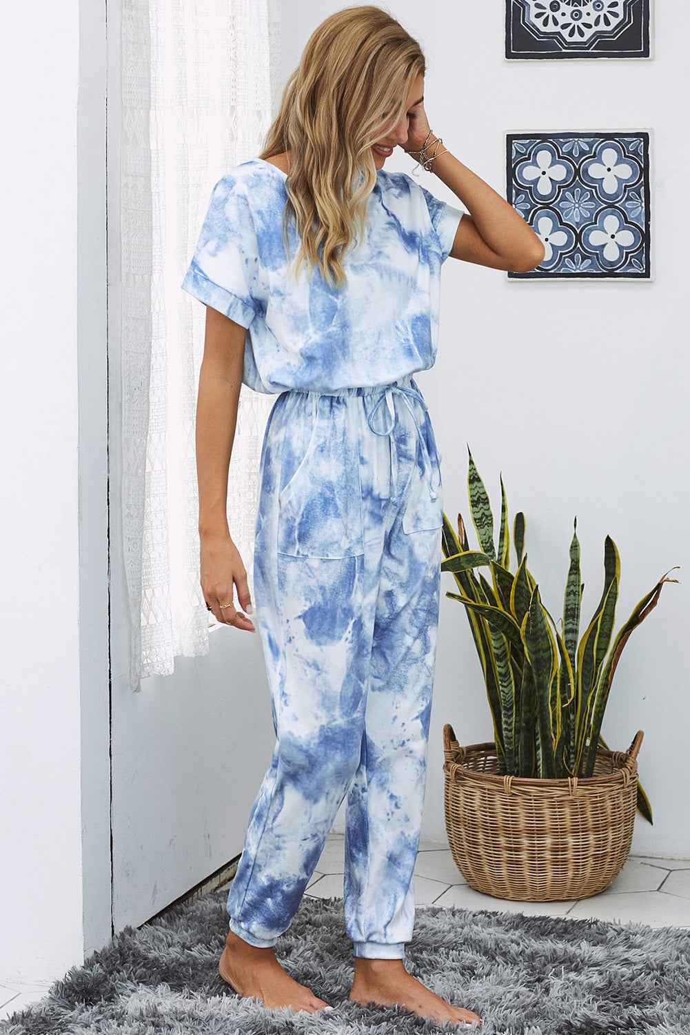 Casual Pocketed Blue Tie-dye Knit Short Sleeve Jumpsuit