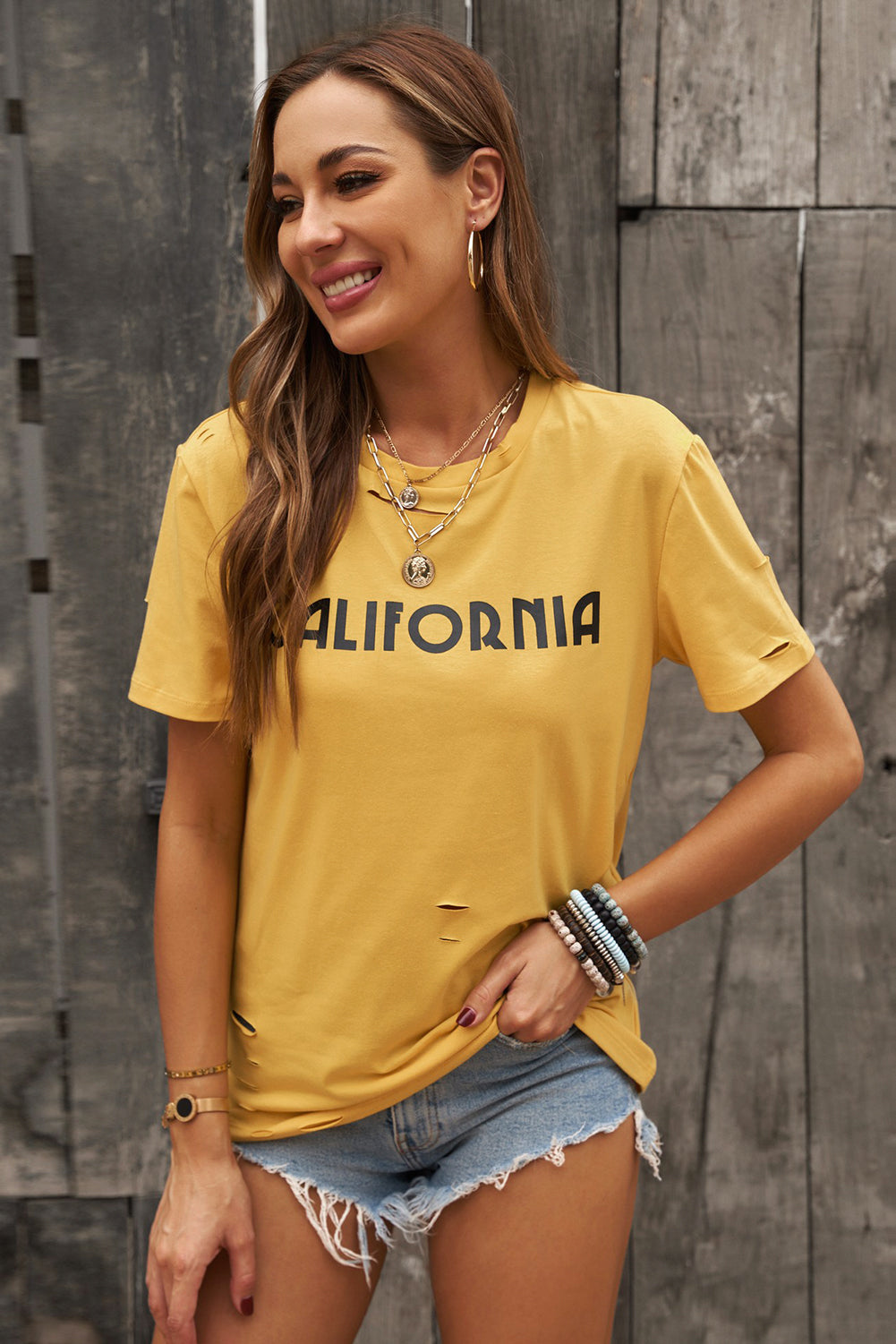Yellow Letter Print Distressed Short Sleeve Tee