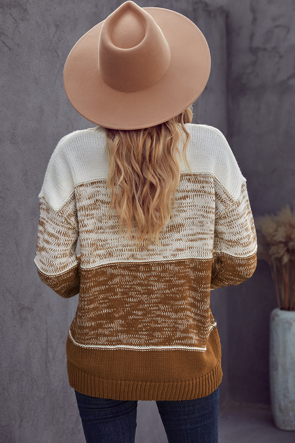 Brown Colorblock High Neck Knit Pullover Sweater