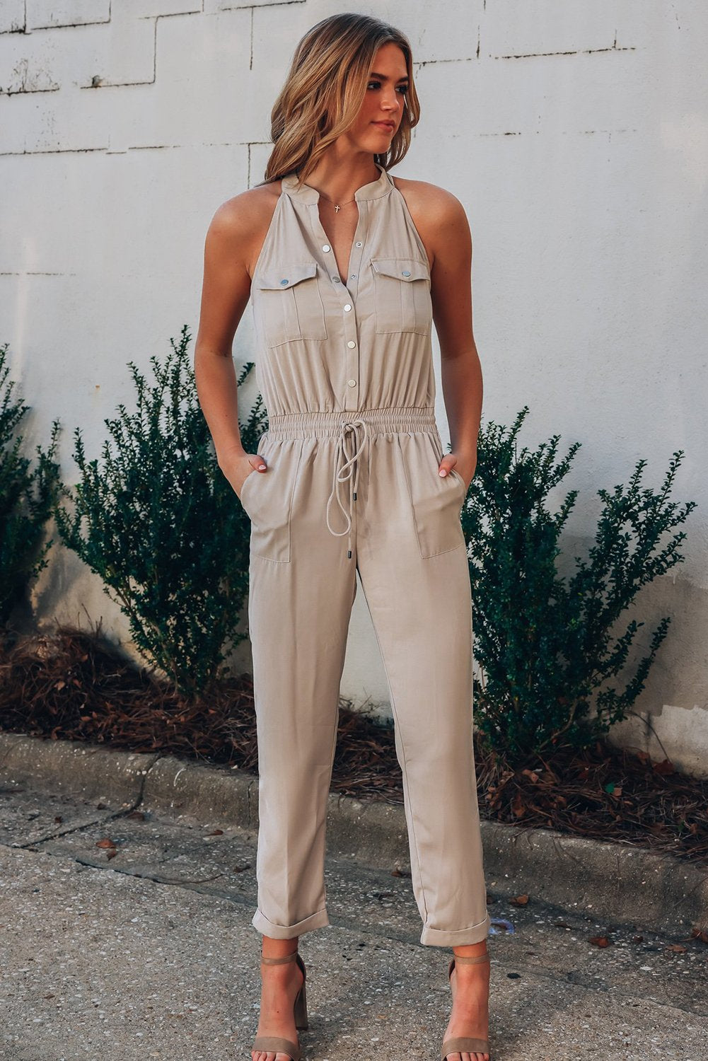 Apricot Button Front Patch Pockets Sleeveless Casual Jumpsuit