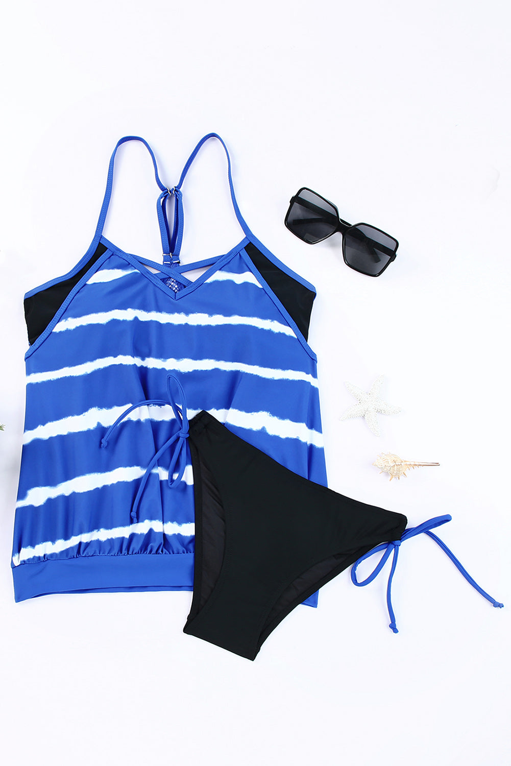 Light Blue Tankini with Stripes Patchwork