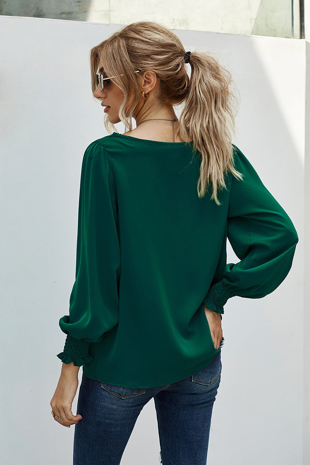 V Neck Lace Patchwork  Long Sleeve Green Blouse