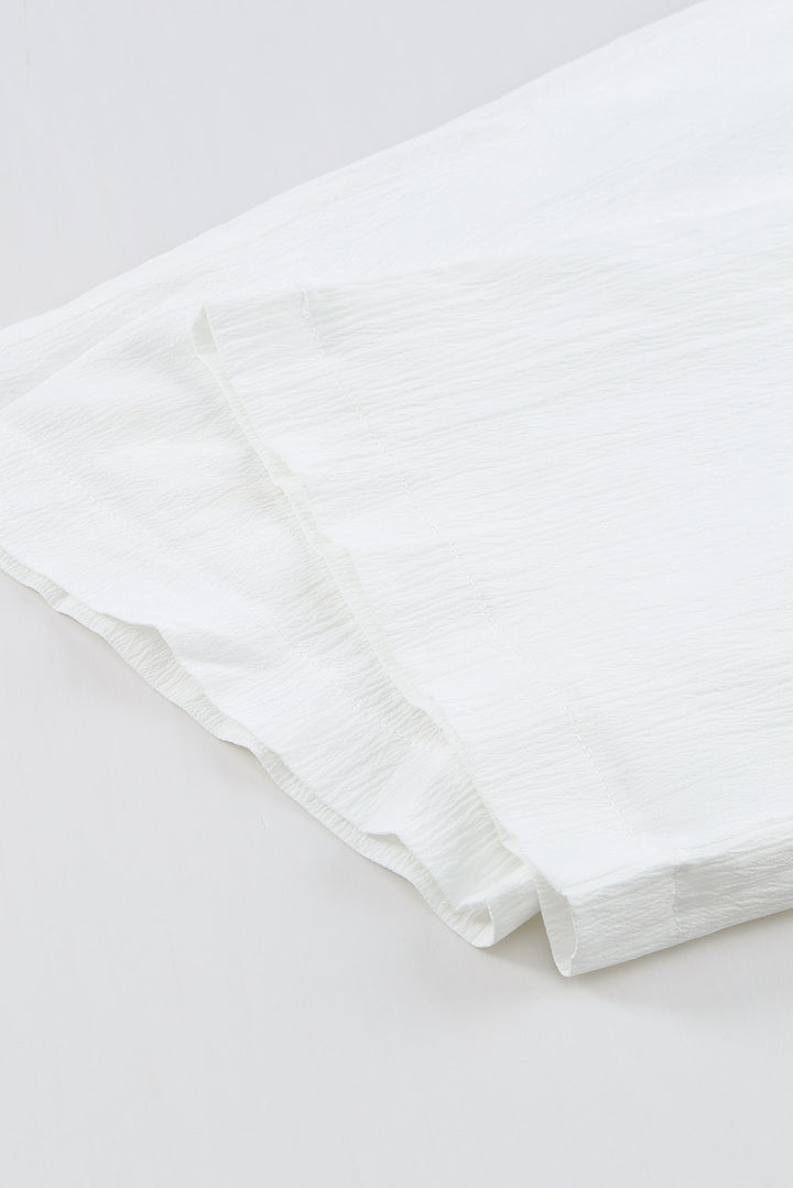 White Drawstring Waist Crinkled Wide Leg Pants