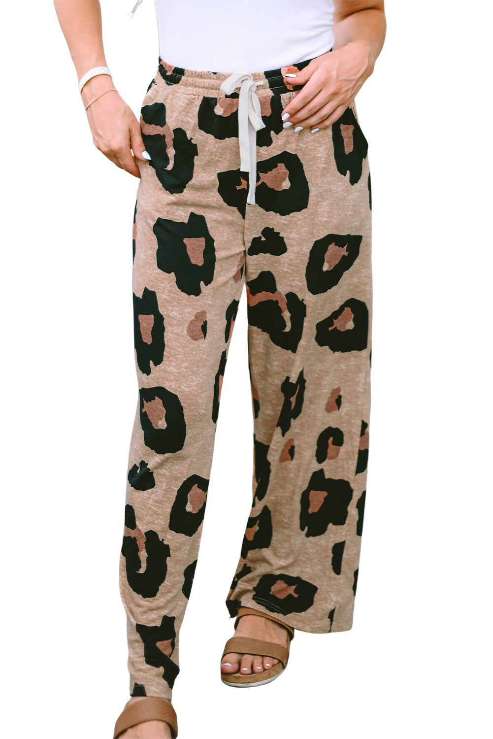 Leopard Drawstring Wide Leg Casual Pants