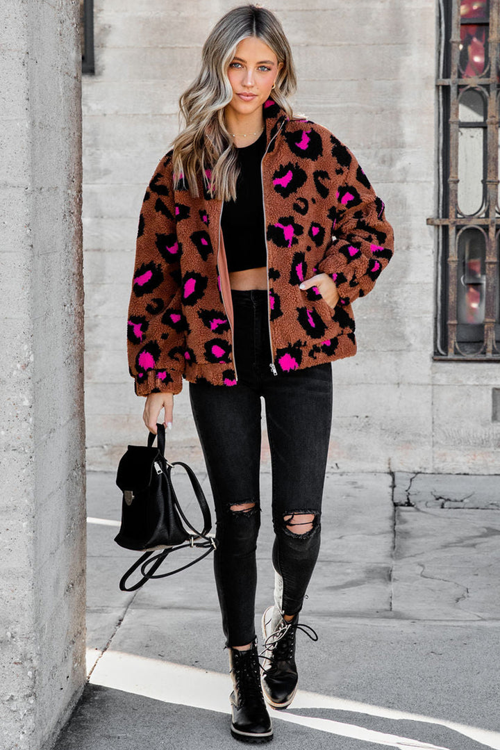 Leopard Zip Up Stand Collar Sherpa Teddy Jacket