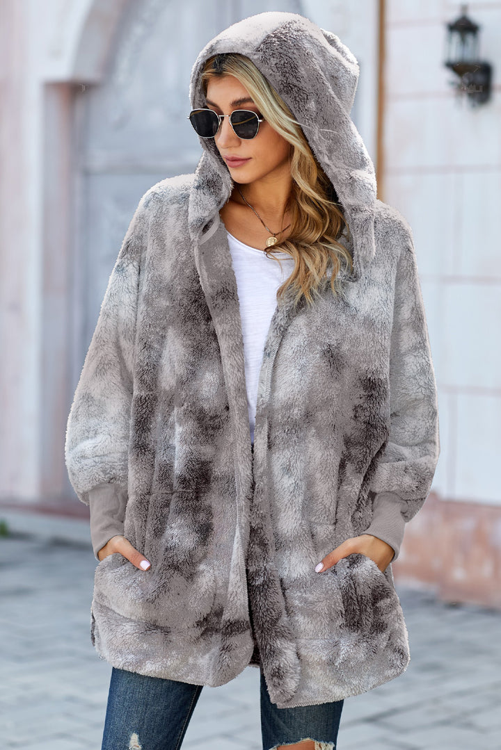 Women's Gray Tie Dye Soft Fleece Hooded Open Front Coat