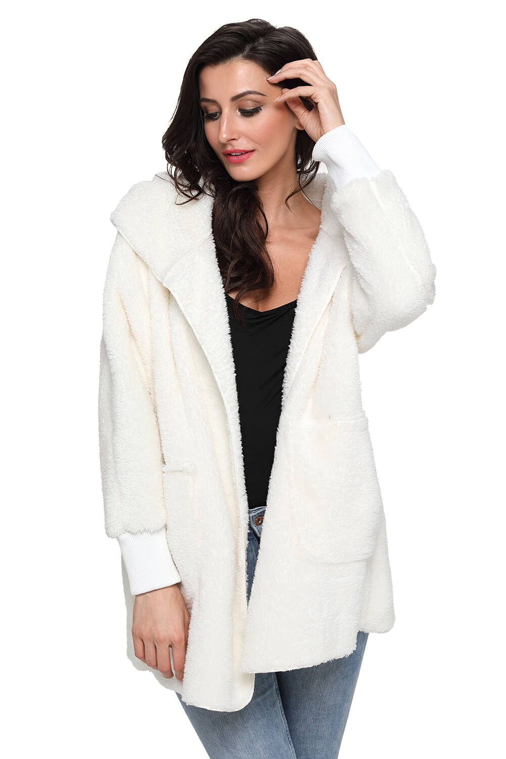 Off White Hooded Open Front Soft Fleece Coat