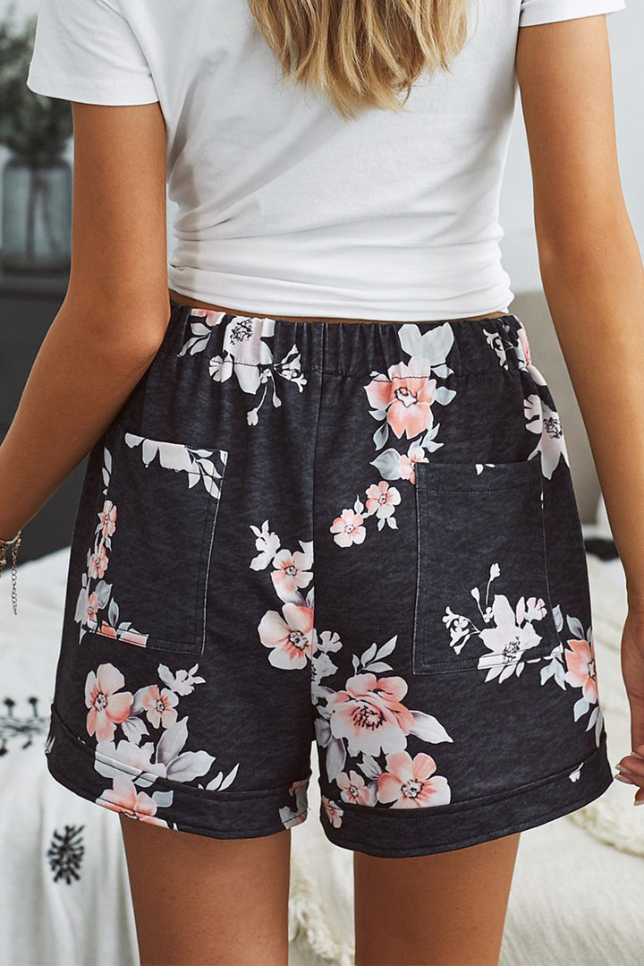 Black Floral Print Drawstring Elastic Waist Pocketed Casual Shorts