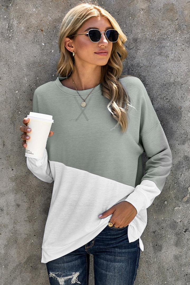 Gray White Patchwork Dropped Shoulder Sleeve Sweatshirt