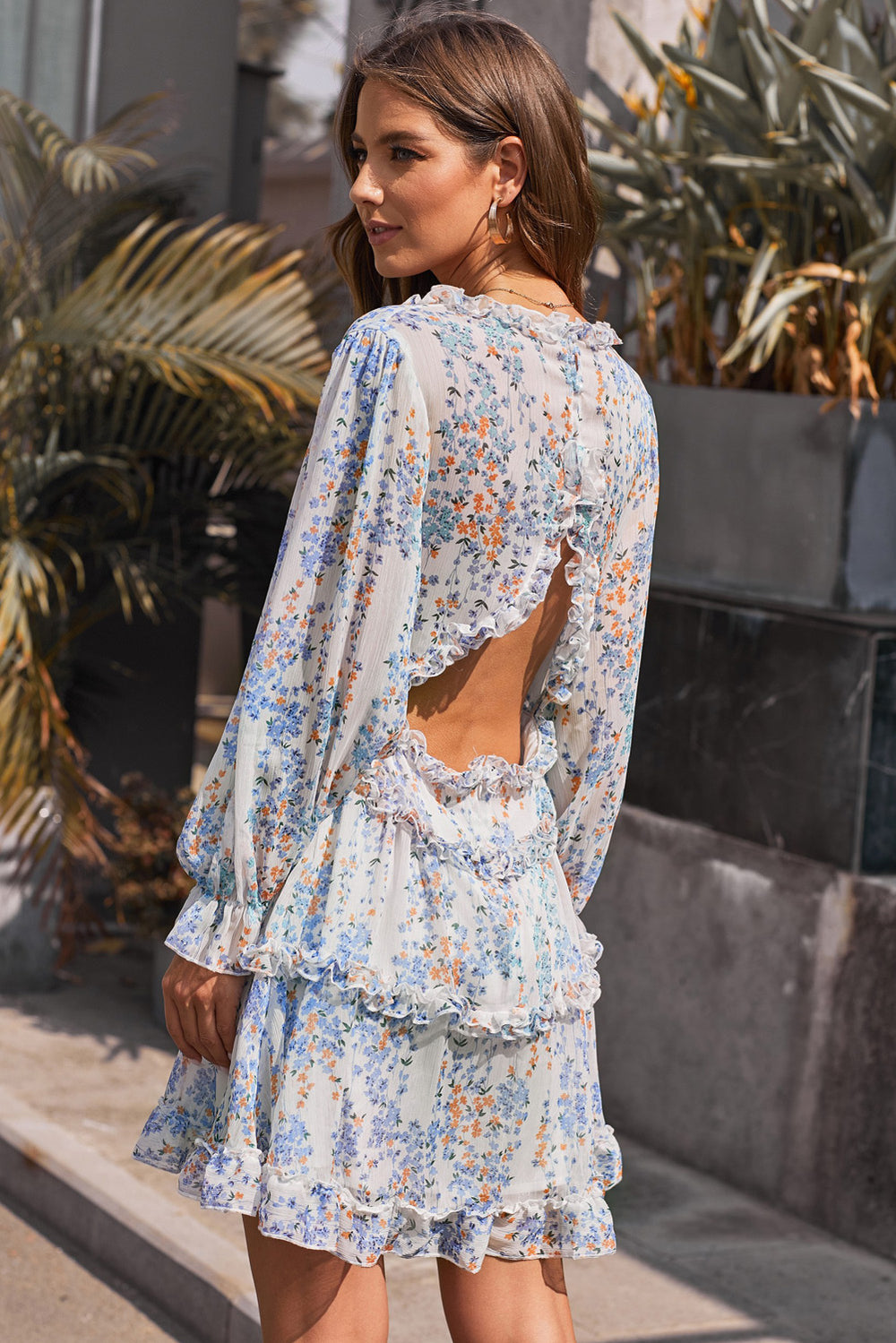 Color_White | White Modeshe Ruffle Detailing V-neck Open Back Floral Dress