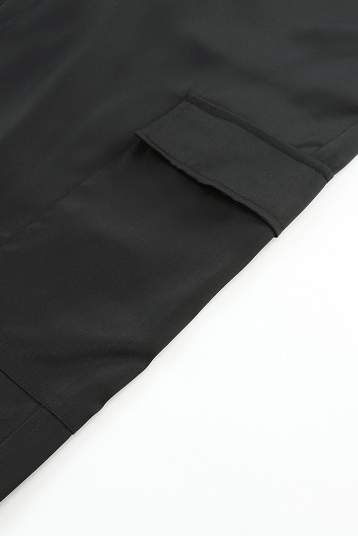 Black Satin Pocketed Drawstring Elastic Waist Pants