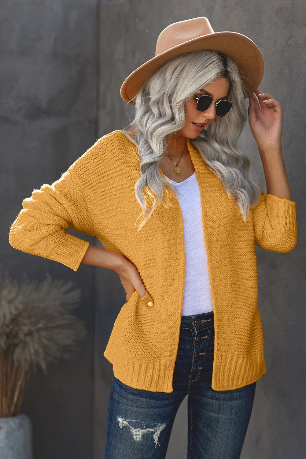 Women's Yellow Open Front Chunky Knit Cardigan
