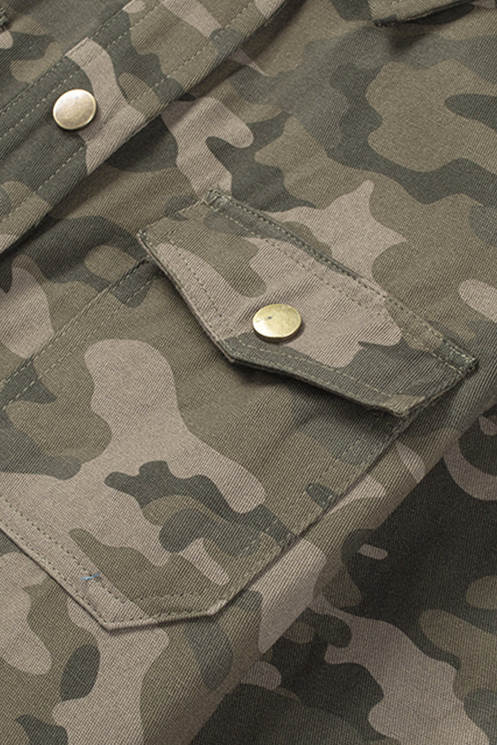 Green Camo Print Multi Pockets Button-up Jacket