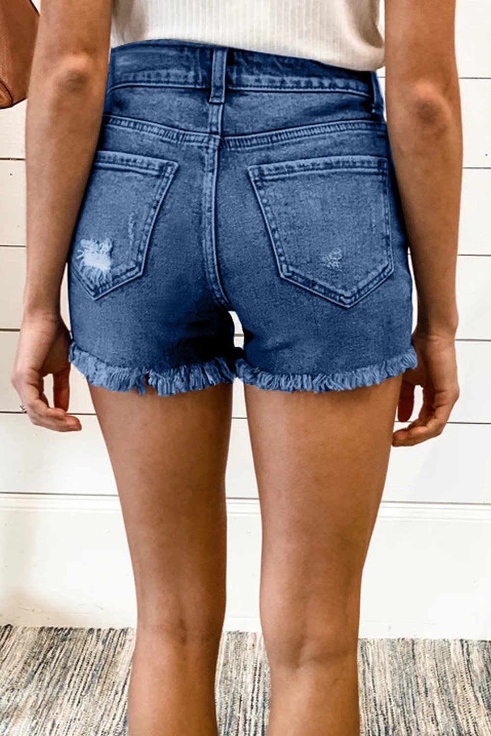 Blue Frayed Hem Single-breasted Ripped Women's Denim Shorts
