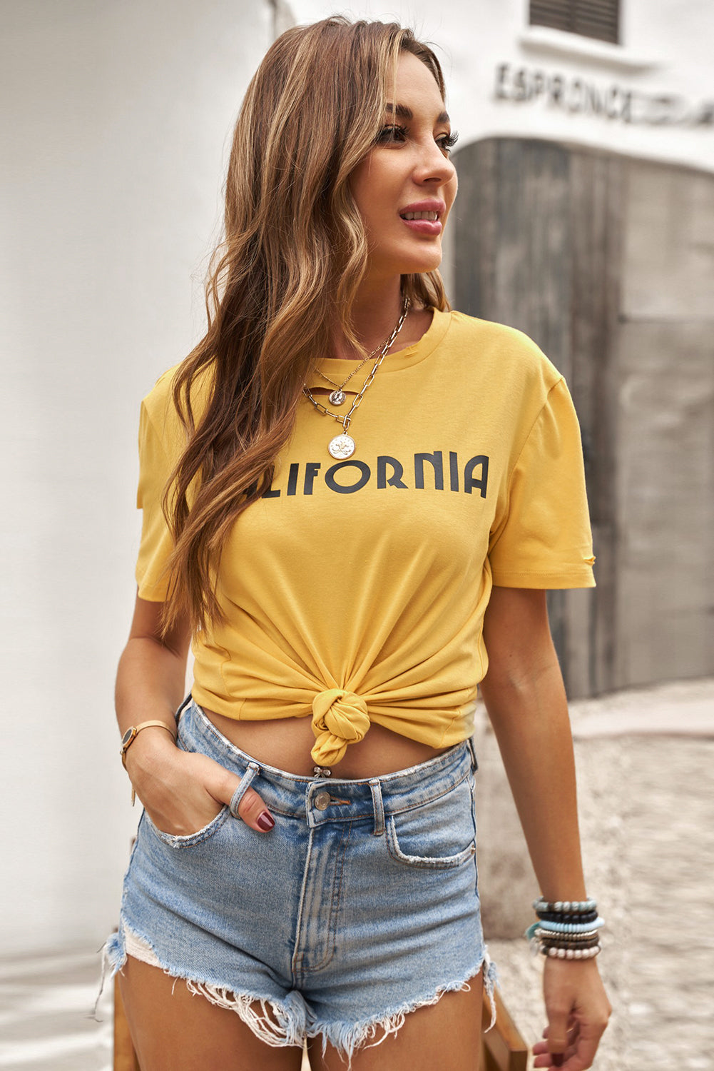 Yellow Letter Print Distressed Short Sleeve Tee