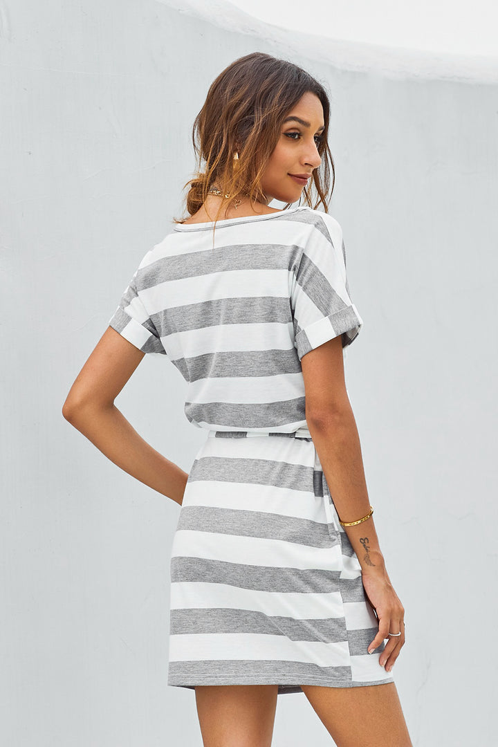 Classic Gray Stripes Pocketed Belt Short Sleeve Casual T-shirt Dress