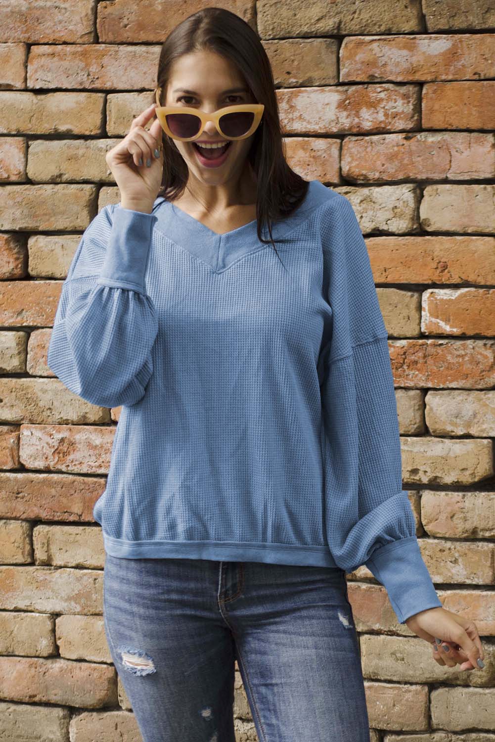 Sky Blue V Neck Our Country Roads Thermal Top