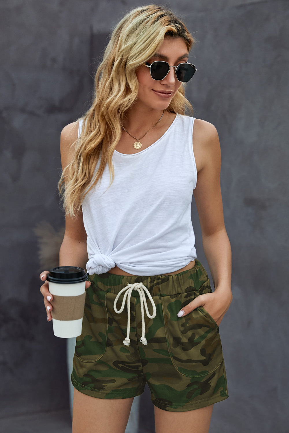 Women's Green Camouflage Drawstring Casual Shorts