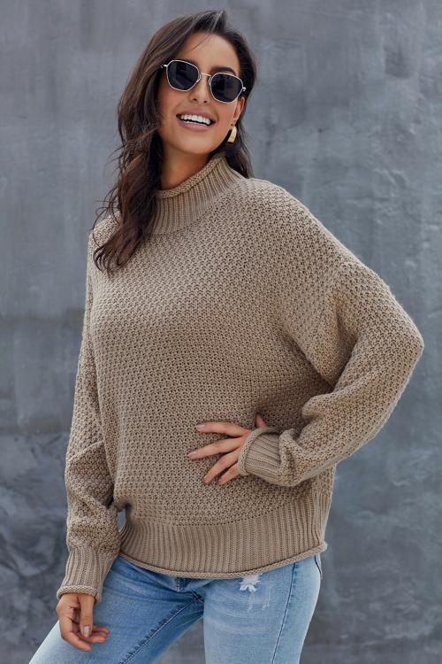 New Modeshe Khaki Chunky Batwing Long Sleeve Turtleneck Sweater