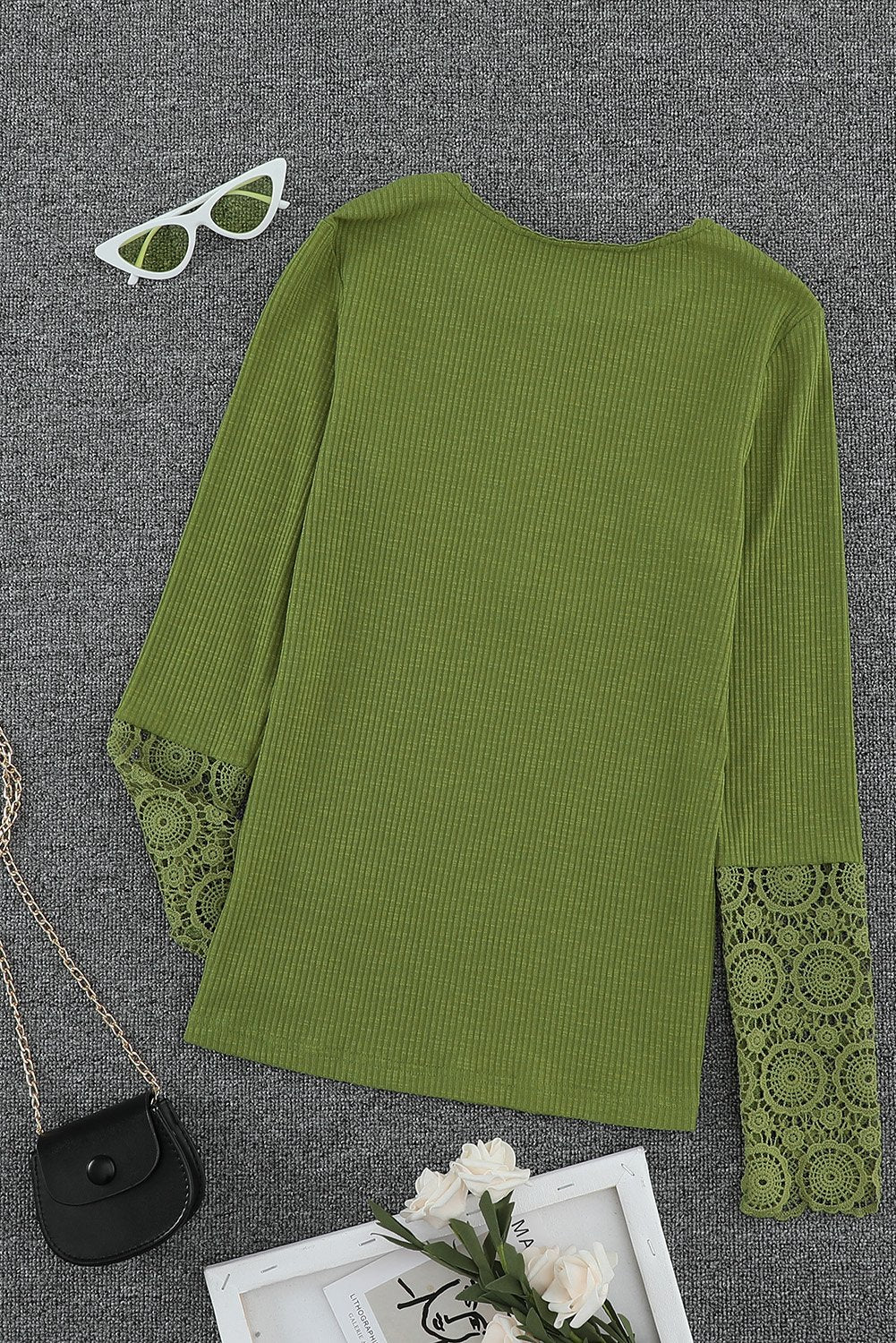 Women's Green Crochet Lace Hem Sleeve Button Casual Top