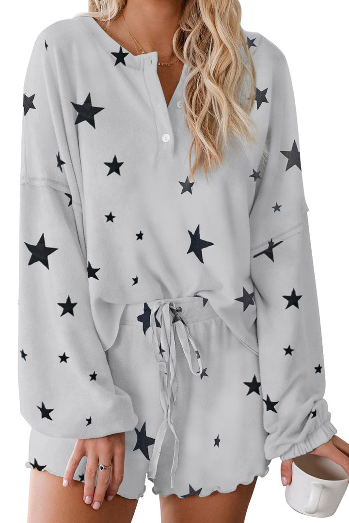 White Star Print Knit Long Sleeve Short Pajamas Set